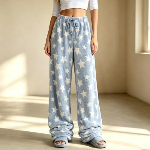 CHENXDZHAO Flannel Pajama Pants Women,Flannel Pajama Pants Women Wide Leg Elastic Waist Fleece Pant Fall Winter Trendy Cute Casual Loose Fit Cozy Pj Bottoms 2026 Christmas Sleepwear,Light Blue,L - image 2