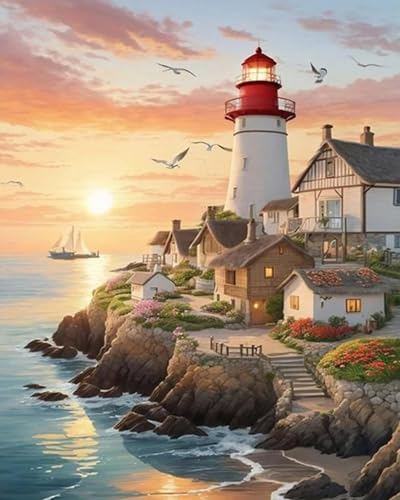 Renqidian Kit de Peinture Diamant Painting Adultes 5D phare Rond Diamond Painting Kit Complet, DIY Art Mosaique Maison Décoration 40x50cm