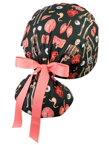 Image of Scrub Cap for Women and Men, Ponytail Scrub Caps, Working Hat, Head Cover with Ribbon Ties and Buttons, Long Hair
