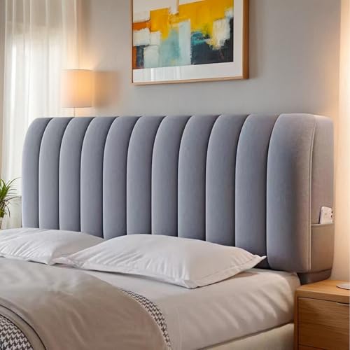 HEADBOARD Samtene Weiche und Elastische Kopfteilhusse, Waschbarer und Staubdichter Betthauptschutz, Dehnbare und Dekorative Kopfteilabdeckung für Doppelbett/King,Gray2,210cm