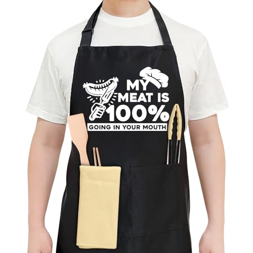 Black Funny BBQ Chefs Aprons for Men Dad Husband Grangpa with Adjustable Neck Strap Grilling Gifts for Father's Day Birthday Valentine's Day Anniversary Adjustable Cooking Apron with Pocket - YY069