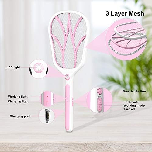 Electric Fly Swatter, 3000V Bug Zapper Racket Fly Mosquito Killer Bat with LED Light, Rechargeable USB Insect Catcher for Indoor Outdoor (Pink)