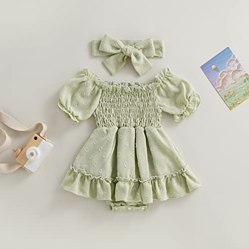 Infant Baby Girls Romper Dress Dot Pattern Short Sleeve Ruched Jumpsuits Skirts Hem Bodysuits Headband (Green Dots, 6-12 Months) #TOP2