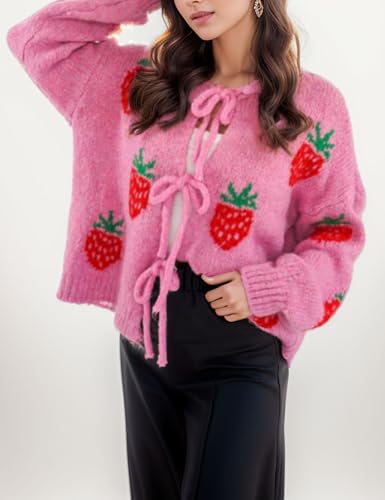 Image of FindThy Women's Tie Front Cardigan Sweater Cute Long Sleeve Crew Neck Bow Knot Knit Outwear