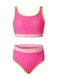 blibean Tween Girls Swimsuits Teen 2 Piece Bathing Suits Big Kids Colorblock Bikini Sets High Waisted Cute Swim Suit Junior Textured Swimwear Padding Traje Baño Niñas Size 10-11 Year Old Hot Pink