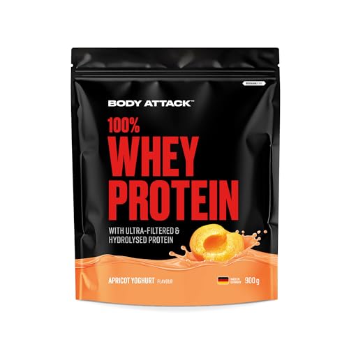 Body Attack 100% Whey Protein - Apricot Yoghurt, 900 g - Made in Germany - Extra cremiges Eiweißpulver mit Hydrolysat & BCAA´s, unterstützt Muskelaufbau und Diäten - Für Sportler & Athleten