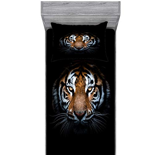 3D Tiger Fitted Sheet Set Twin Black Sheet Bedding Set Kids Sheet Set 2PCS 1 Deep Pocket Sheet with 1 Pillowcases Wrinkle Free Cozy Microfiber (02,Twin)