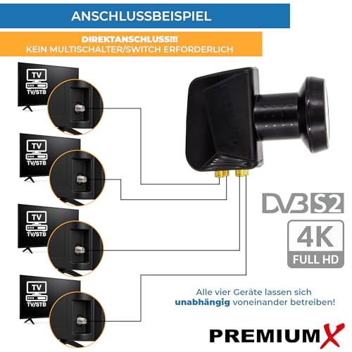 Miniatura 6 de Premiumx Quad Lnb Para 4 Usuarios: Convertidor De Señal De Tv Con Protección Contra El Clima, Lnb Satélite Digital En Negro Con 8 Conectores F Incluidos. Compatible Con Dvb-S2 8k Uhd 4k Full Hd