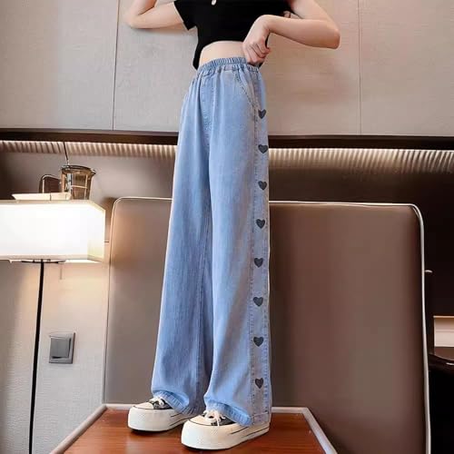 Girls Wide Leg Jeans Heart Print Elastic Waist Solid Pants 𝗙lowy Summer Casual Comfy Trousers with Pocket3