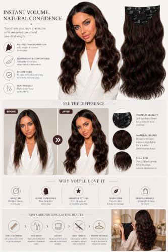 Image of Salon-Grade BROWN with MAROON HIGHLIGHTS Curly /Wavy Clip-in Extensions - 6PCS Synthetic Hair Volumizer with 13 Secure Clips for Instant Volume & Realistic Blend