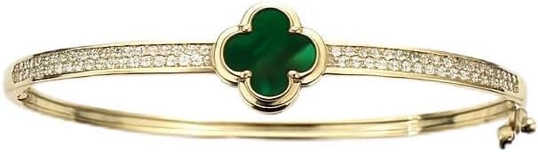 18K Gold Plated Green Clover Bangle Bracelet for Women with Green Enamel Center and CZ Accent Stones, Elegant Gold Cuff Bangle Bracelet for Layering, Polyreal Gold Lucky Clover Bracelets, Clover Charm Bracelet, Beautiful Holiday Gift Idea for Women