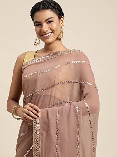 Image of Pratham Blue Women's Sequined Embroidered Georgette Fancy Saree with Blouse Piece