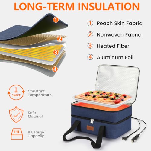 Image of Food Warmer Electric Casserole Carrier - Large Double Decker Heated Lunch Bag for Car Truck,12V /24V /110V,Thermos for hot Food for Potluck Cookouts Parties Picnic,Fits 9 inchx13 inch Baking Pan (Navy)