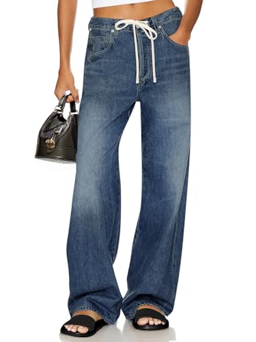 Cicy Bell Womens Wide Leg Jeans Drawstring High Waisted Baggy Straight Leg Jeans Trendy Boyfriends Denim Pants with Pockets