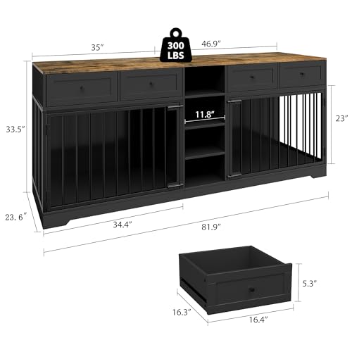 GarveeHome 82” Double Dog Crate Furniture, Large Dog Kennel Indoor for 2 Dogs, Heavy Duty Wooden Dog Crate TV Stand with 4 Drawers and Shelves, Black