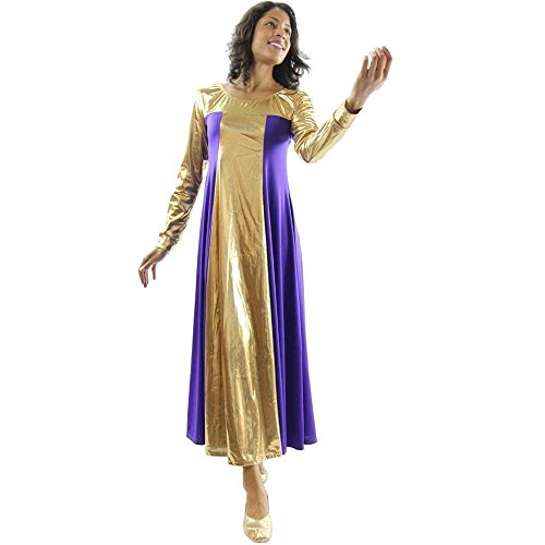 Danzcue Womens Metallic Color Block Long Sleeve Praise Dance Dress, Deep Purple-Gold, S