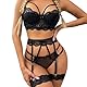Lsexyier Sexy Dessous Damen Set, Transluzent Erotische Reizwäsche Lingerie mit BH & Höschen, Spitze Bodysuit & Strumpfhalter für Verführerische Looks, Schwarz/L