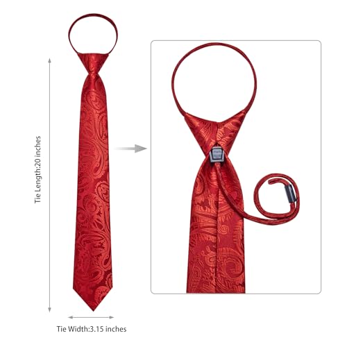 Image of DiBanGu Silk Zipper Ties for Men,Paisley Solid Plaid Pre-tied Tie and Pocket Square Cufflinks Set Formal Adjustable Necktie