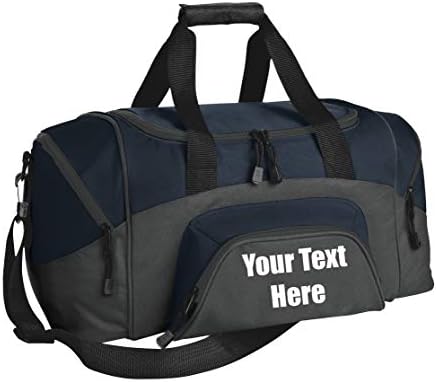 Personalized Monogrammed Small Gym Duffel Bag with Custom Text | Sports Bag with Customizable Embroidered Monogram Design (Navy/Dark Charcoal)