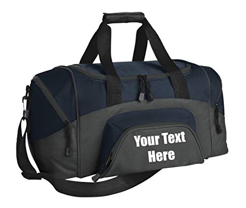 Personalized Monogrammed Small Gym Duffel Bag With Custom Text | Sports Bag With Customizable Embroidered Monogram Design (Navy/Dark Charcoal) #TOP24