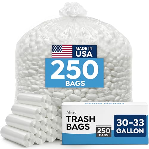 30-33 Gallon Clear Trash Bags Heavy Duty 250 Count Tear-Resistant Leak-Proof Unscented Bulk Pack Garbage Bags Trash Can Liners for Home Office & Commercial Use Industrial Strength Made in USA
