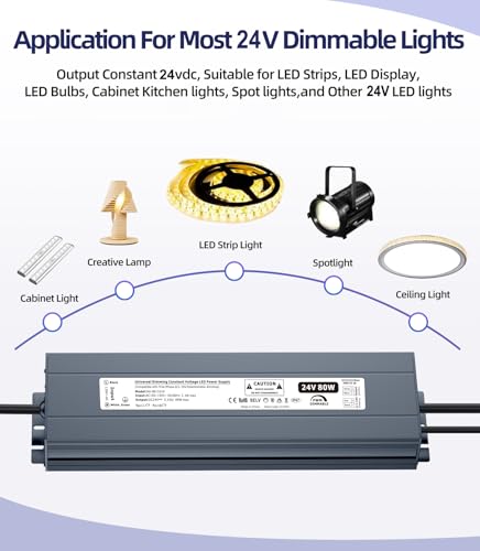Image of 24V Dimmable LED Driver, 80W Triac LED Transformer Compatible with Lutron & Leviton Switches, Dimmable Led Power Supply Waterproof IP67 AC to DC Adapter for LED Lighting Smooth Flicker Free Dimming