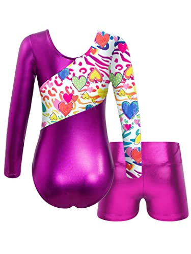 Kids Girls Long Sleeve Gymnastics Leotards with Shorts Biketard 2 Pieces Ballet Dance Outfits Tracksuit2