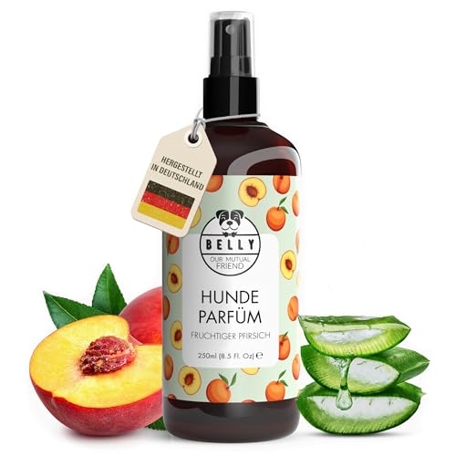 Belly® Hundeparfüm – Duftspray für Hunde & Welpen – Parfüm für Hunde mit fruchtigem Pfirsich – Spray gegen Geruch – pH-neutral – Fellpflege & Hundepflege – 250ml