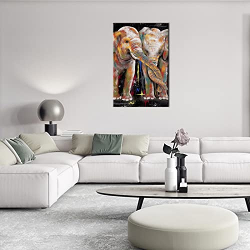 Elephant Painting Canvas Wall Art Colorful Elephant Couple Print Artwork Wild Animal Picture Love Poster For Living Room Bedroom Decor Framed Ready To Hang 24X36 Inch #TOP2