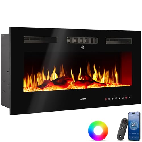 tectake® Elektrokamin Wand, elektrischer Kamin, 2 Heizstufen 900W/1800W, 3D Flammeneffekt, viele Farbeinstellungen, Kamin elektrisch mit Fernbedienung, App Steuerung, Thermostat - 106,5 x 12 x 43 cm