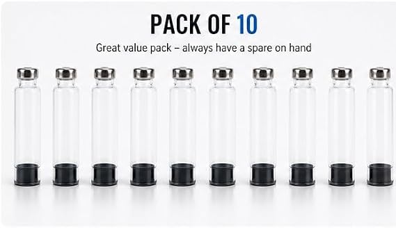 10 Pack Individually Sealed Sterile Glass Pen Cartridge Vials, 3ml, Clear, Metal Cap, Compatible with V1, V2, and V3 Pen Systems, Pack of 10