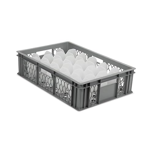 Caterbox Glass Wash & Store Crate, Ventilated, 600x400x285mm, Grey with 24 Compartment Divider for Tumblers – Conveyor Washing Solution (Glass Height 71 - 100mm)
