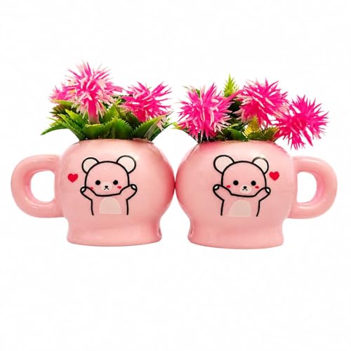 Image of Cute Bear Ceramic Planter Set of 2 with Artificial Flowers | Decorative Mini Flower Pots for Home Decor, Office Desk, Study Table & Shelf Decoration | Multipurpose Ceramic Planter Cups
