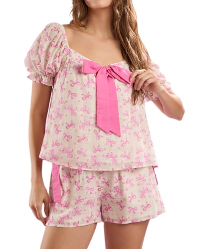 Image of ROAONOCOMO Women Floral Pajama Set Ruffle Puff Sleeve Peplum Shirt Coquette Pj Set Bow Babydoll 2 Piece Shorts Outfit
