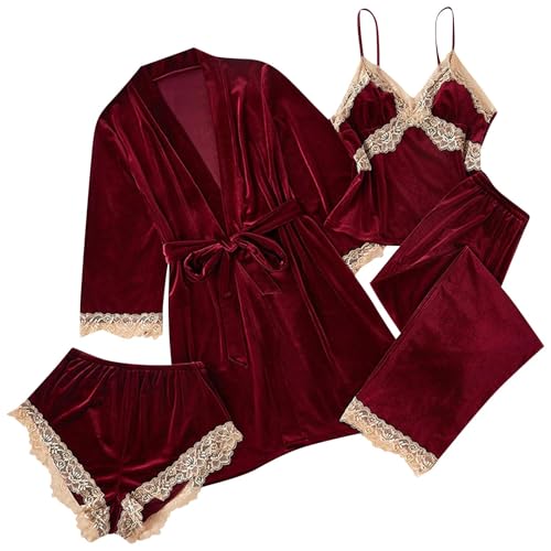 2026 Fashion Women Velvet Pajama Set 4pcs Lingerie Lace Trim