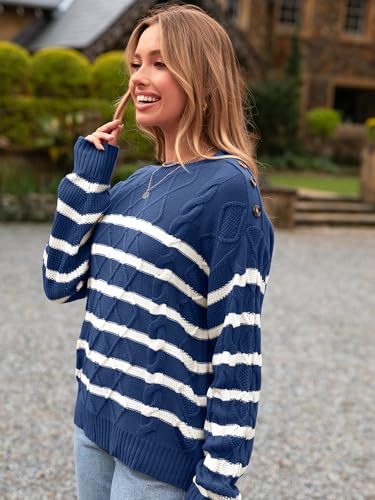 Glamaker Womens Striped Cable Knit Sweater Long Sleeve Crewneck Fall Pullover 2025 Trendy Winter Chunky Tops Fashion3