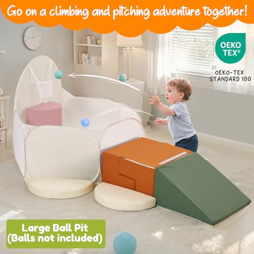 Image of 7 Pieces PU Leather Foam Climbing Blocks with Large Ball Pit,Soft Play Set for Toddlers,Kids Indoor Climbers & Play Structures with Pop Up Foldable Ball Pit,Colorful（Balls Not Included