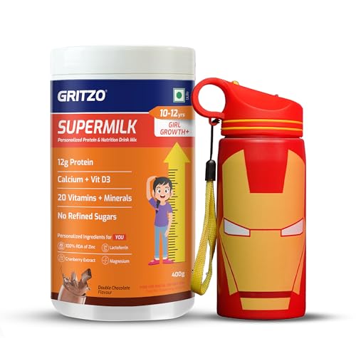 Image of Gritzo SuperMilk Growth+ (10-12y Girl), 400g + Sipper | Double Chocolate | 12g Protein | Includes Iron Man 500ml Sipper | Zero Refined Sugar