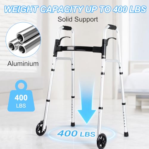Image of Folding Walkers for Seniors with Basket: Standard Walkers for Seniors Lightweight Portable Walker Adjustable Height Standard Upright Walker for Elderly Disabled Bariatric (Sliver + Black)