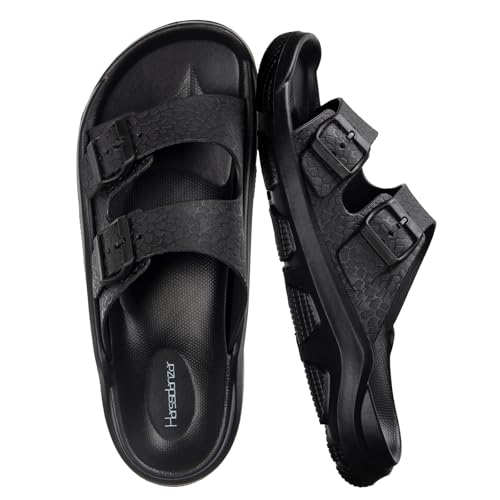 Harssidanzar Mens Slides Sandals Double Buckle Adjustable Slides EVA Flat Sandals KM243US4