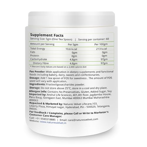Image of Nature's Velvet FOS Fructooligosaccharides, Sugar Substitute and Probiotic Enhancer Powder -300g Pack of 2