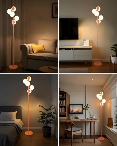 Image of Lightdot 5-Globe Dimmable Globe Floor Lamp Orange Retro Standing Lamps with 5Pcs Bulbs Included Brightness Adjustable Mid Century Modern Floor Lamp with 5Lbs Heavy Base for Living Room /Sofa Beside