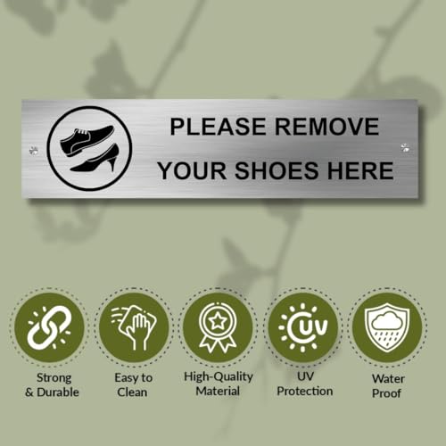 Image of Remove Shoe Sign Board | Stainless Steel Sign Plate for Office, Home, Temple, School, Clinic & Hotel | Wall Mount | Rustproof Metal | Easy to Read | 12 x 3 Inch
