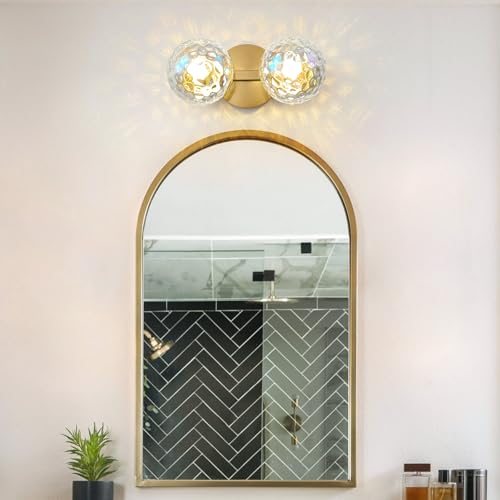 Image of Gold Globe Wall Sconce,Vanities Lights with 2 Stained Glass Shades | 6 inch Modern Spherical Vanity Sconces,Contemporary Small Brass Ball Lights Fixture for Entryway Bedside Bathroom,E26 Base