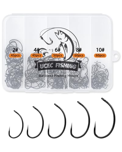 UCEC 260PCS Barbless Fishing Hooks Carp Hooks Circle Curve Shank Fly Tying Fishing Hook Tackle Kit for Freshwater Saltwater Hair Rig Trout Size: 2# 4# 6# 8# 10#