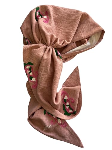 Pre Tied Head Scarf for Women, Linen Embroidered, VELVET HEADBAND Attached, Long Tails Adjustable Non Slip Tichel