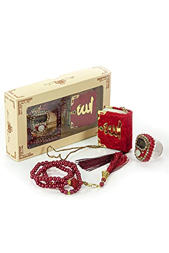 İhvan Online Mini Velvet Quran Set with Islamic Finger Counter, Portable Digital Tasbeeh, Muslim Prayer Beads, Pearl Zikirmatic Beads, 3 Pieces Gift Set for Mevlüt (Burgundy)