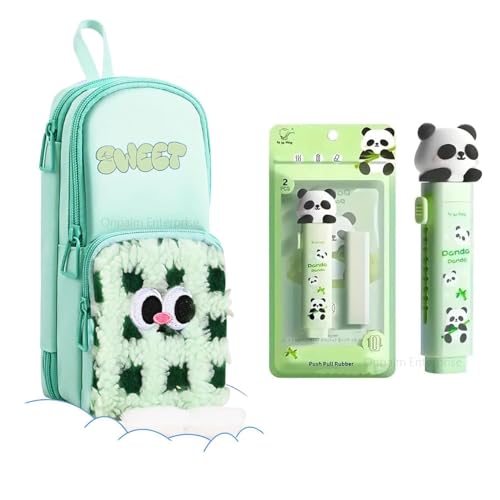 Image of Kawaii Cute Pencil Pouch with Push Pull Eraser Set for Kids,Premium Canvas Zipper Stationery Organizer Box with Cartoon Design | School Supplies Gift Combo for Boys & Girls (Sweet Green + Eraser)