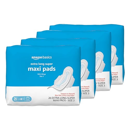Image of Amazon Basics Thick Maxi Pads with Flexi-Wings for Periods, Extra Long Length, Super Absorbency, Unscented, Size 3, 104 Count (4 Packs of 26)
