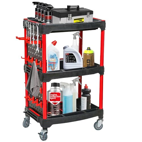 3 Tier Rolling Tool Cart with Wheels & Ergonomic Handle, Heavy Duty Car Detailing Cart, Utility Mobile Service Cart, Multifunctional Storage Organizer for Car Wash/Wax, Home, Garage, Warehouse